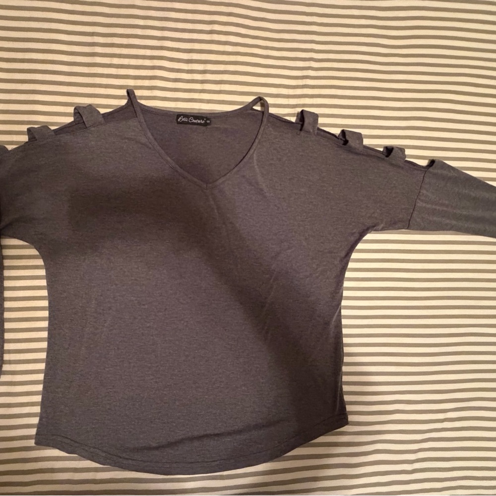Women's Gray V-Neck Top with Shoulder Cutouts